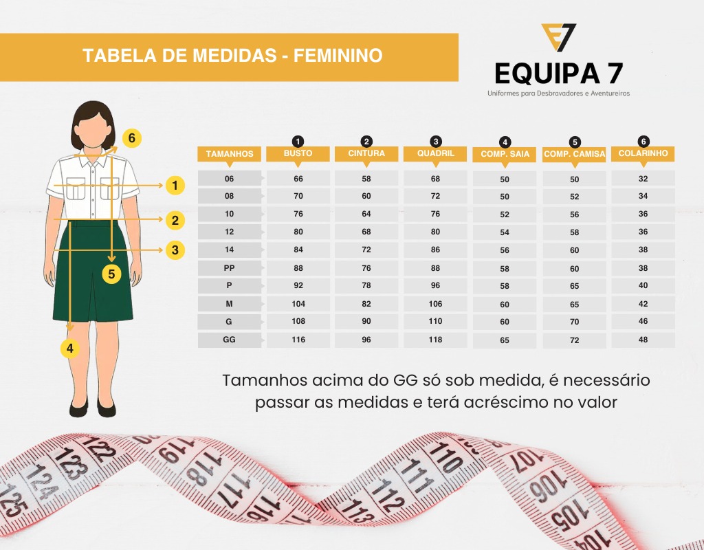 Tabela de Medidas Para Uniformes de Desbravadores e Aventureiros - Equipa 7 - Feminino